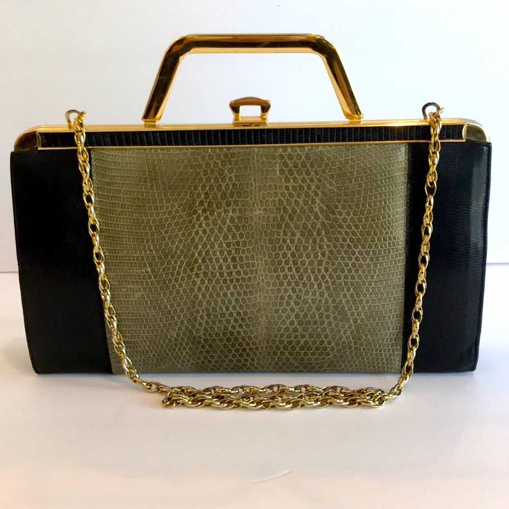 Lizard 2 tone textured/inlaid clutch w chain. EU.